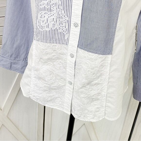 Chicos Embroidered Mixed Stripe Button Front Shirt Blue White Small - Picture 6 of 14